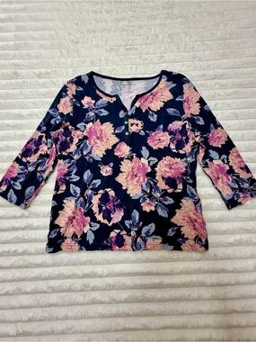 Croft & Barrow LG Navy Floral Henley Tee with Pink Blooms